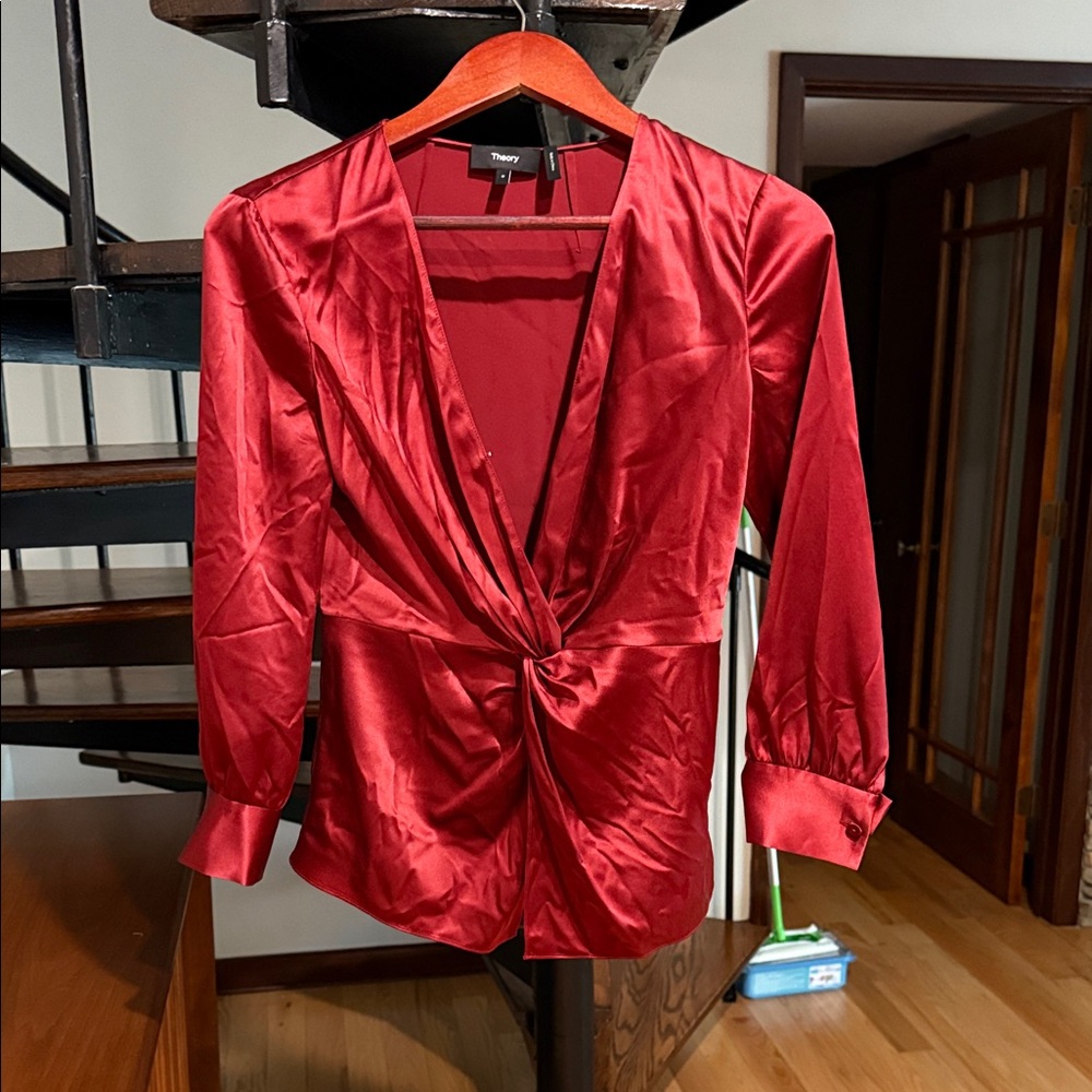 Theory Crimson Satin Twist Blouse